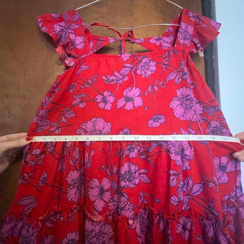 Red Floral Ruffled Cold Shoulder Sundress - Picture 3 of 9